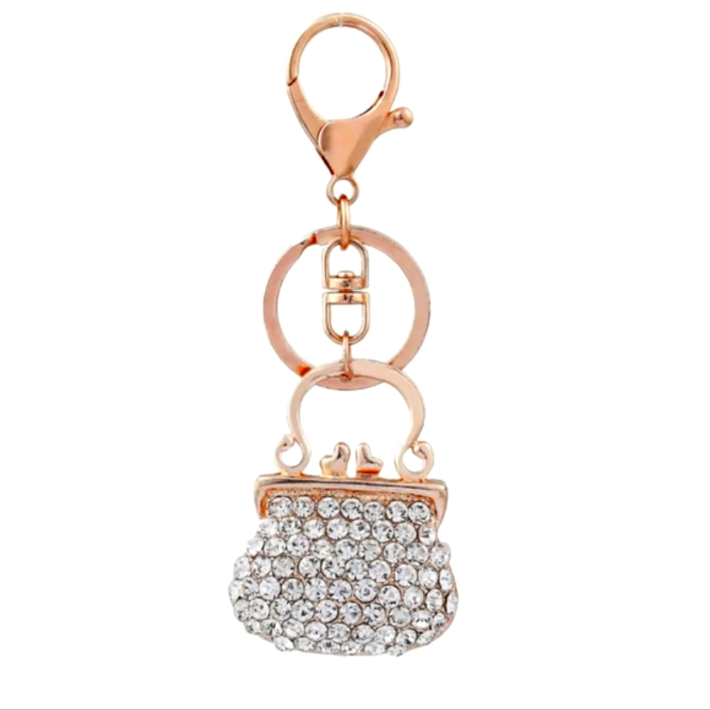 Gold Handbag Keychain Crystal Pave Metal Fashion Women Bag Pendant CZ - Picture 2 of 3